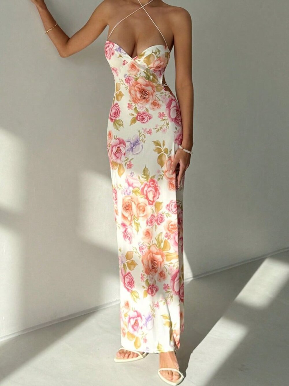 Pink Boho Women's Elegant Floral Backless Dress with Lace-Up Detail